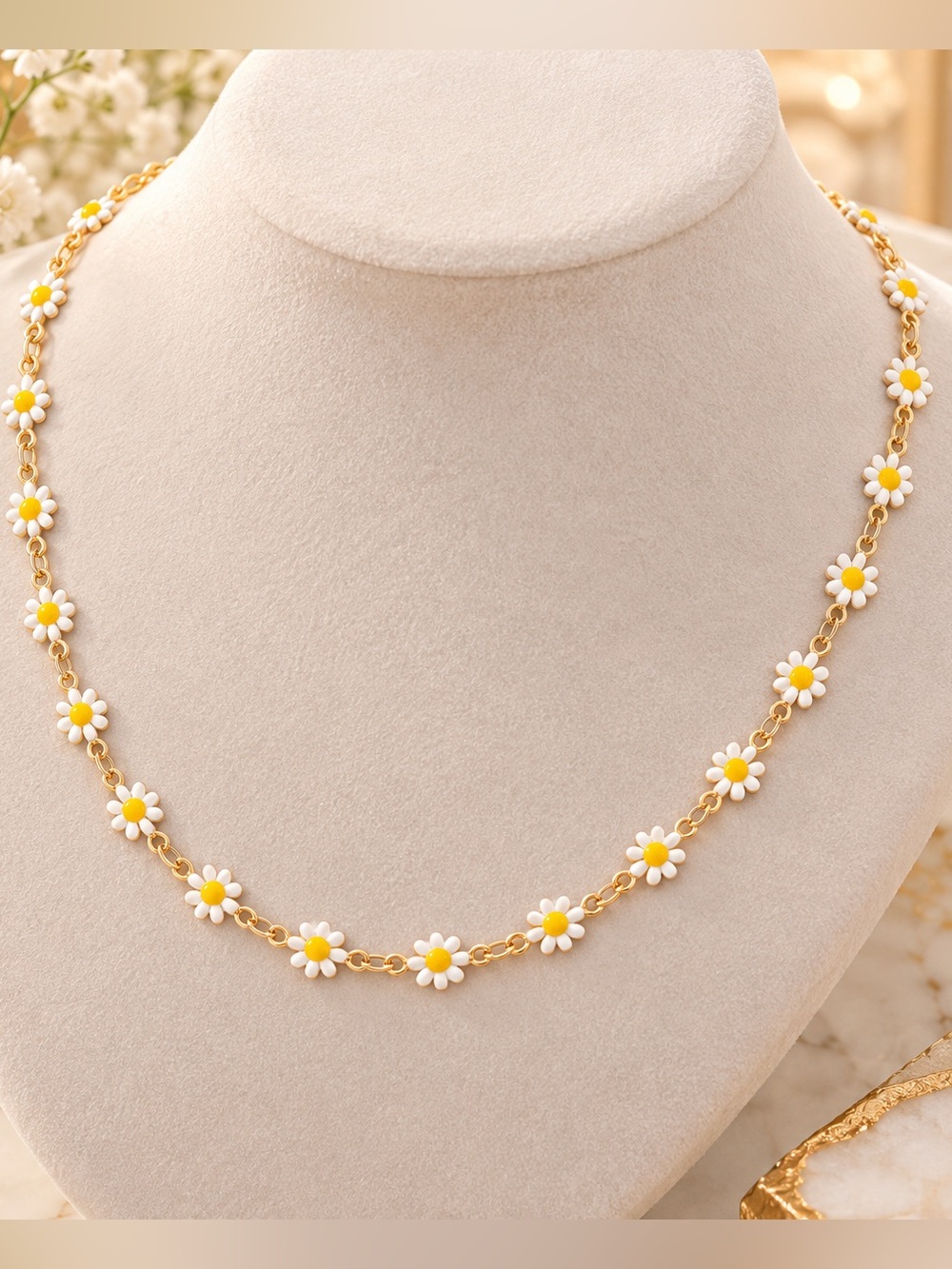 Gold Daisy Chain Necklace with White and Yellow Flowers